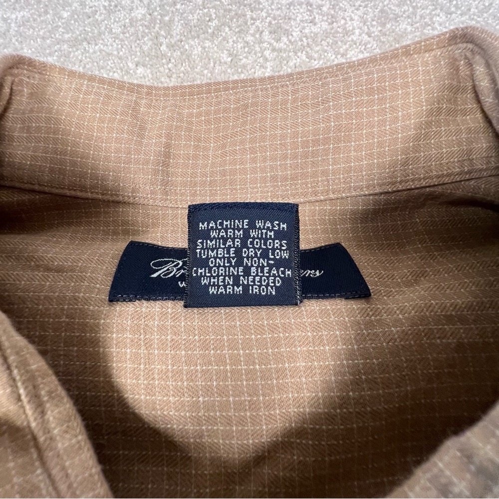 Brooks Brothers Button Down Tan White Grid Check Cotton Dress Shirt Men's Large - Picture 6 of 10